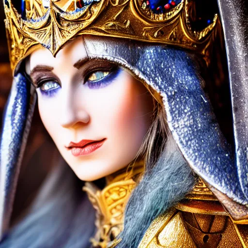 Image similar to photo of a beautiful elven queen queen with ornate crown and cloak, telephoto lens, incredibly detailed, macro 35mm 8k, HDR, studio