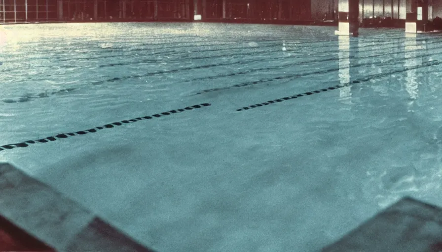 Image similar to 7 0 s movie still of an empty soviet stalinist style swimming pool flooded in water, eastmancolor, heavy grain, high quality, high detail