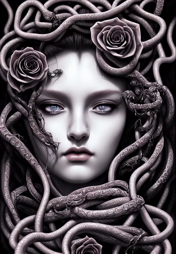 Image similar to , medusa, symmetrical portrait, realistic, full body, black rose, rich detail, by wlop, stanley artgerm photo - grade