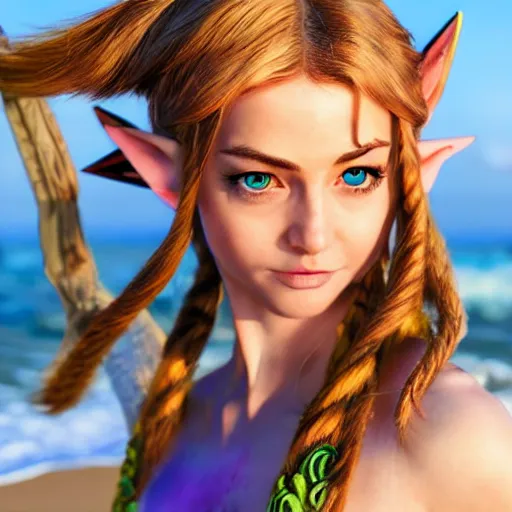 Prompt: a hyper real comic book style portait painting of beautiful zelda on the beach, unreal 5, hyperrealistic, octane render, cosplay, rpg portrait, dynamic lighting