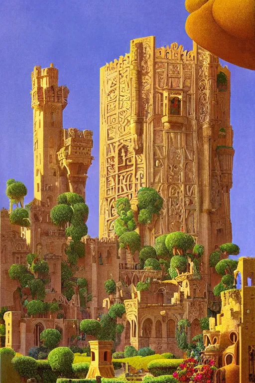 Prompt: ancient carved tower of the moon in its gardens fairytale illustration, elaborate latticed balconies, tall windows, moorish architecture, formal gardens, dramatic cinematic lighting, soft colors, golden age illustrator, unreal engine, by Ludwig Deutsch and William Dyce and April Gornik and (Maxfield Parrish and Nicholas Roerich)