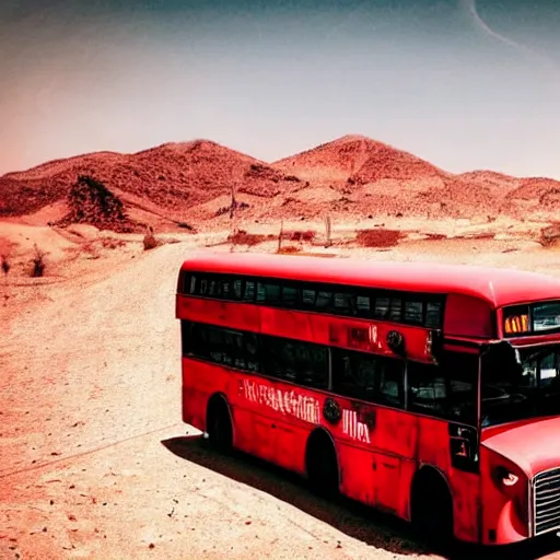 Image similar to photo of a red bus in desert, mad max fury road style