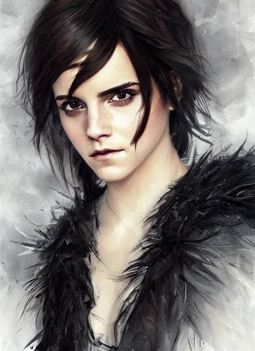 Prompt: emma watson with very short black hair and a huge cloak made of black raven feathers. beautiful highly detailed face. beautiful painting by artgerm and greg rutkowski and raymond swanland