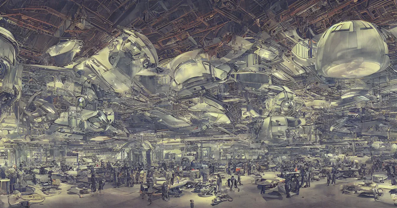 Image similar to Interior of the hall in area 55, full of alien military equipment, engineers working on flying saucers, high detail, wide perspective, saturated colors, by Feng Zhu