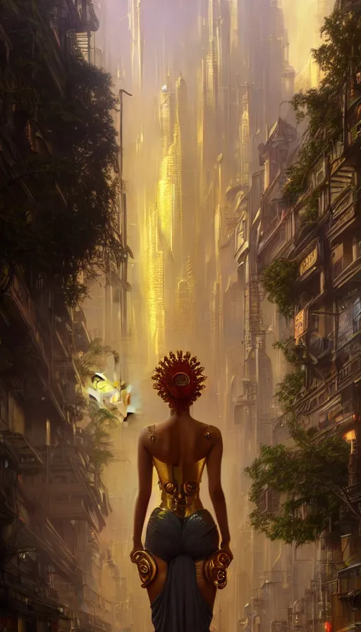 Image similar to golden goddess looking at a hyper realistic cyberpunk city, busy crowded market street overtaken by lush plants, full moon, light rays, gnarly trees by tom bagshaw, mucha, gaston bussiere, craig mullins, j. c. leyendecker 8 k