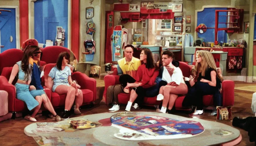 Image similar to 1990s photo of inside the Friends Show themed roller coaster at Universal Studios in Orlando, Florida, people riding a sofa coaster through the Friends apartments , cinematic, UHD