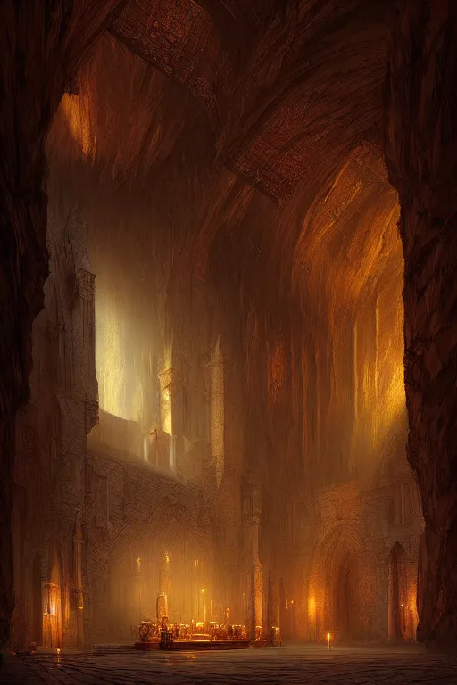 Prompt: detailed Interior of monastery muins, waterfall walls, light of god, light shafts, candles, stunning atmosphere, in style of marc simonetti, cinematic lighting, matte, masterpiece, atmospheric