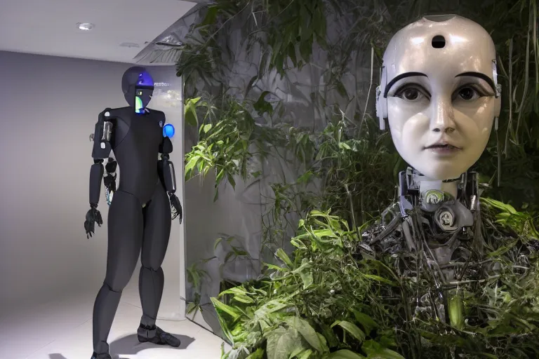 Image similar to humanoid robot staring at her reflection in a monolith, from 2001, in an urban jungle, volumetric lighting, surrounded by crt monitors, low-light photograph, in the style of jack bridgeland