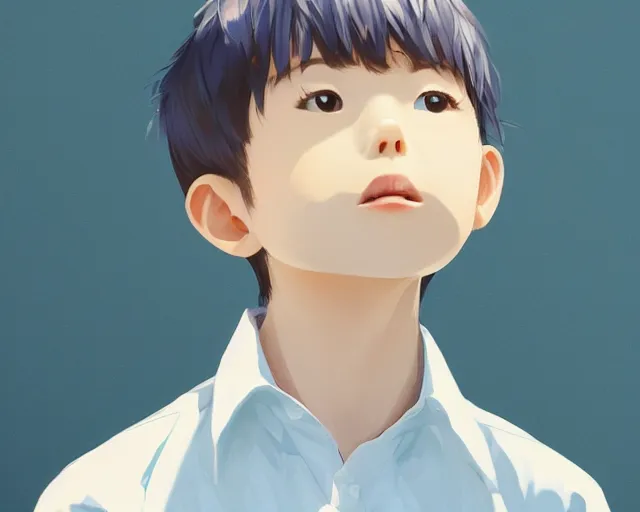 Image similar to boy looking at blue sky, wearing white shirt, facing away, low angle, sharp details, sharp focus, highly detailed, illustration, by pine ( ハイネ ) and 薯 子 imoko and 香 川 悠 作 and wlop and maya takamura, beautiful, trending artstation, pixiv, digital art