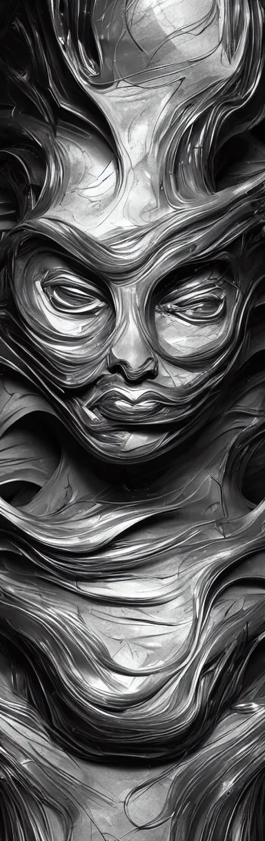 Image similar to epic sketch, digital abstract sculpt of beautiful female face body and black swirling latex acrylic portrait, black latex sculpt, minimalism, mechanical superstructure, sacred geometry, 8 k, cinematic, magic hour, beautiful light, sculpture of carving marble, dark colors, filigree ornaments, one point light, clockwork, epic matte painting, concept art, bokeh, digital painting