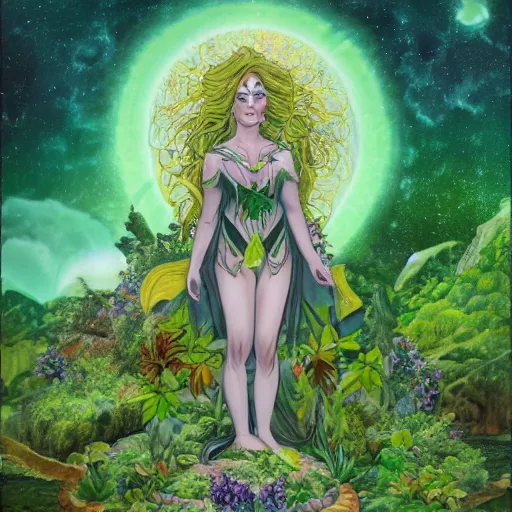 Image similar to earth goddess surveys her domain, plants erupting from the ground, high detail