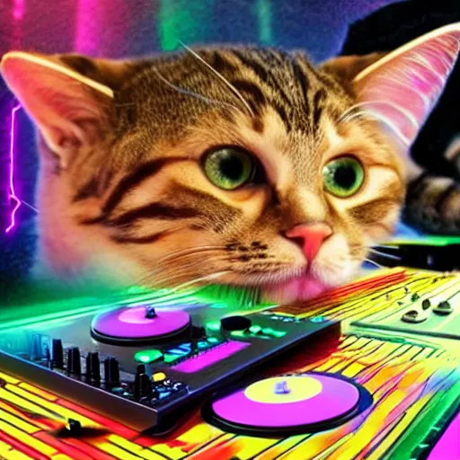 Prompt: a photo of a cat DJing, rave, cat, kitten, music rave, DJ, vinyl, headphones, detailed