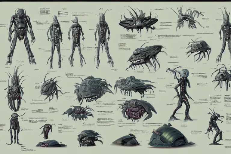 Prompt: schematic diagram of alien boss, biology, book, page, detailed, cross section, trending on artstation, cgsociety, Ralph McQuarrie and Greg Rutkowski