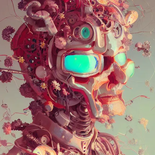 Image similar to surreal gouache painting, by yoshitaka amano, by ruan jia, by conrad roset, by kilian eng, by good smile company, detailed anime 3 d render of a mechanical android head with flowers growing out, portrait, cgsociety, artstation, modular patterned mechanical costume and headpiece, retrowave atmosphere