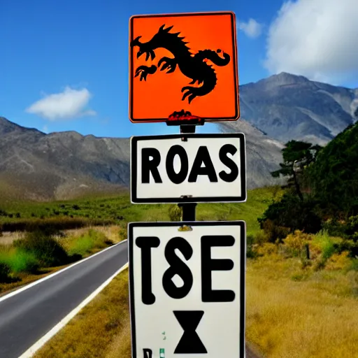 Prompt: road sign that says here be dragons,