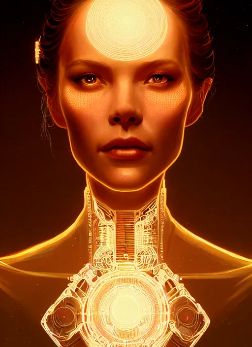 Image similar to portrait of drone host from westworld, intricate, elegant, glowing lights, highly detailed, digital painting, artstation, glamor pose, concept art, smooth, sharp focus, illustration, art by artgerm and greg rutkowski, artey freytag