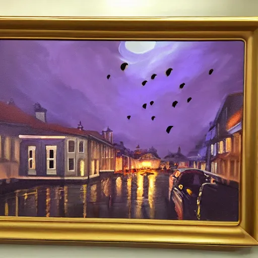 Image similar to hyperrealistic painting of old town, terrifying, purple dim light, ghosts flying from 8 floors building