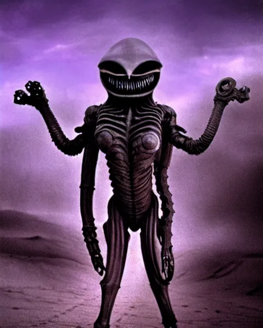 Image similar to dust goliath by h. r giger, beautiful alien desert, violet storm, unusual, cinematic, perfect, highly detailed, masterpiece, award winning