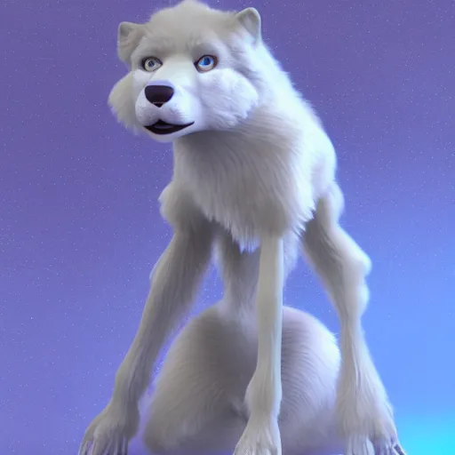 Image similar to 3 d render, well toned, large and tall, female, anthropomorphic wolf with a short snout, furless, fur with white spots, icey blue dress, blue scales covering her chest.