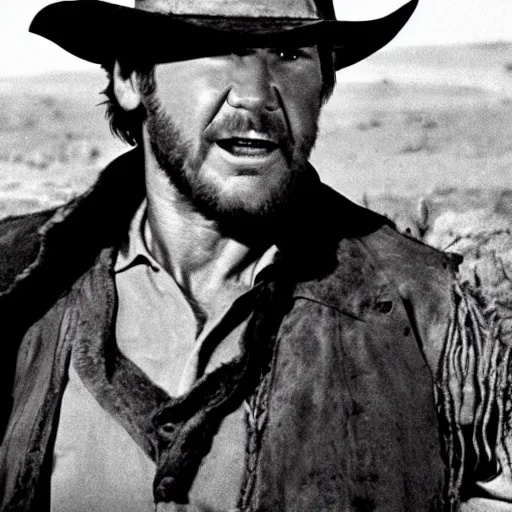 Image similar to harrison ford as the man with no name from the good the bad and the ugly ( higly detailed, still shot, cinematic, photo realistic, great quality )