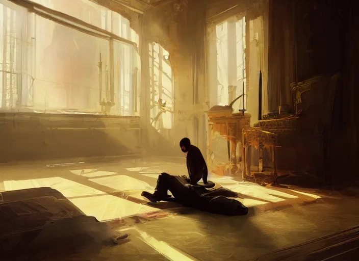 Image similar to the rich golden house and silhouette man lying on the floor alone around volumetric lighting, digital painting, highly detailed, artstation, sharp focus, illustration, concept art, ruan jia, steve mccurry, amazing composition