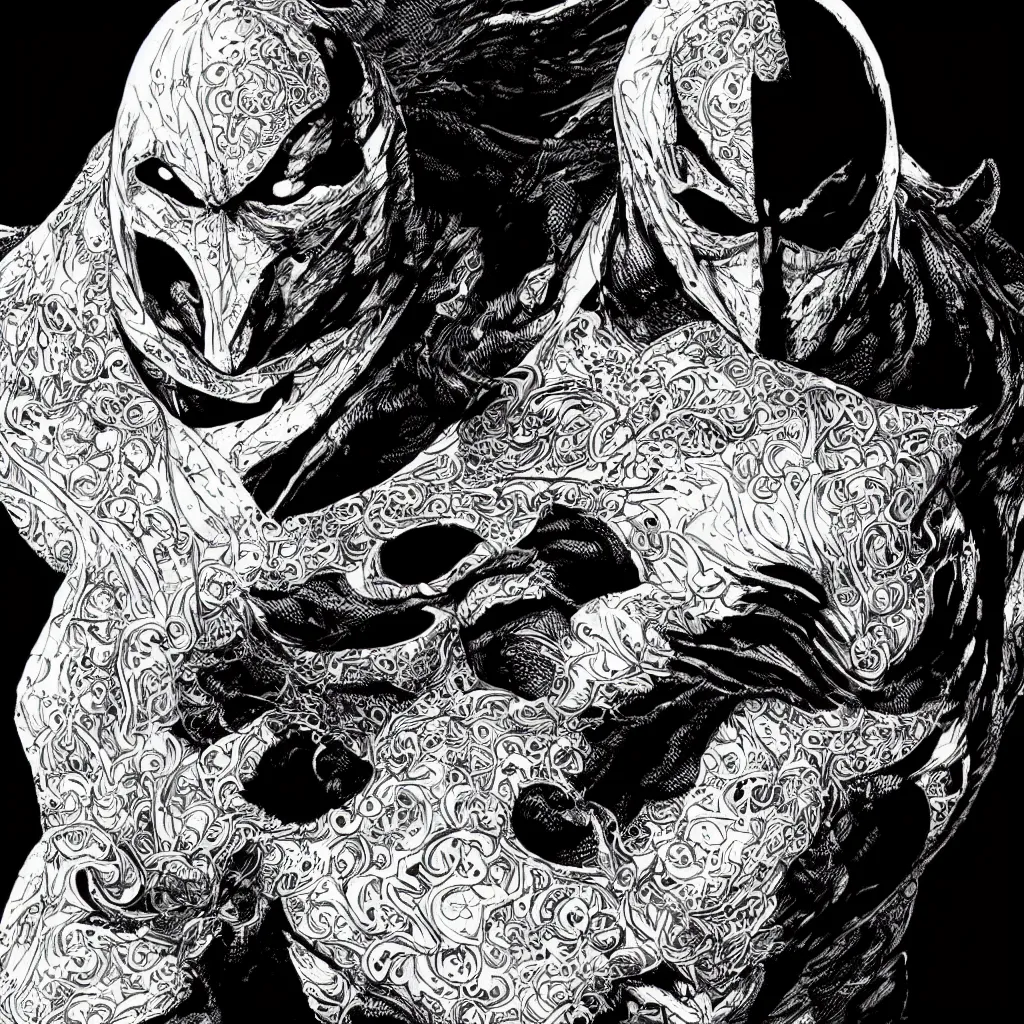 Image similar to moon knight, accurate, hyperdetailed, intricate detail, insanely detailed and intricate, moon in the background, intricate, highly detailed, smooth, sharp focus, detailed face, high contrast, dramatic lighting, graphic novel, art by Ardian Syaf and Pepe Larraz sharp focus, detailed, high contrast, center frame, trending on artstation,