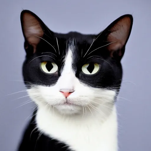 Prompt: photo of a cat, white bottom and jaw, black forehead and top, one eyepatch