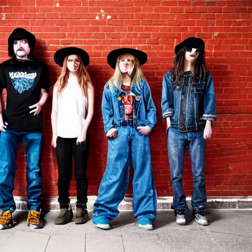 Image similar to Stoner rock girl, nü metal boy, band promo image, girl wearing double denim, boy wearing baggy jeans and baseball cap