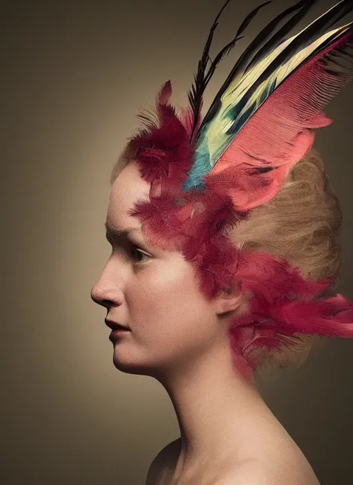 Prompt: a woman's face in profile, made of exotic hummingbird feathers, in the style of the Dutch masters and Gregory Crewdson, dark and moody