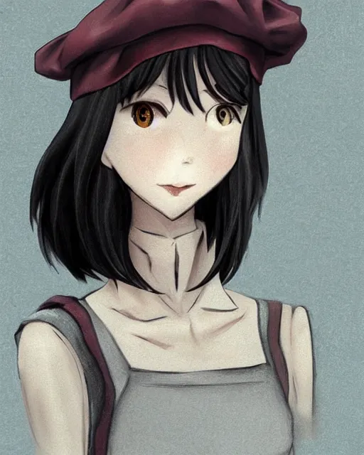 Prompt: girl with beret, drawn by Yueko, trending on Artstation