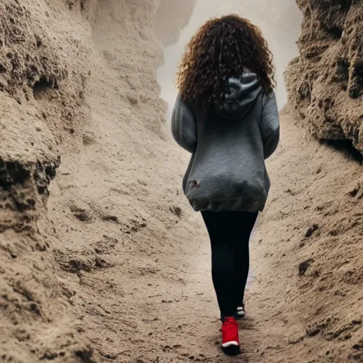 Prompt: back view of a curly long haired woman wearing grey hoodie discovering a red dragon in a cave