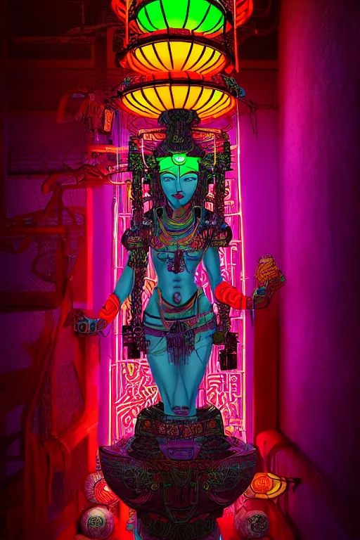 Prompt: a beautiful cyberpunk oriental deity, neon lanterns, intricate details, soft lighting, by warren louw,