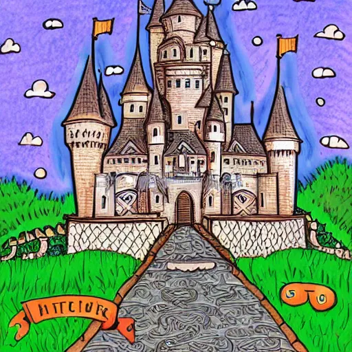 Image similar to storybook castle, detailed, 4 k, intricate, illustration, line art, lined paper, doodle