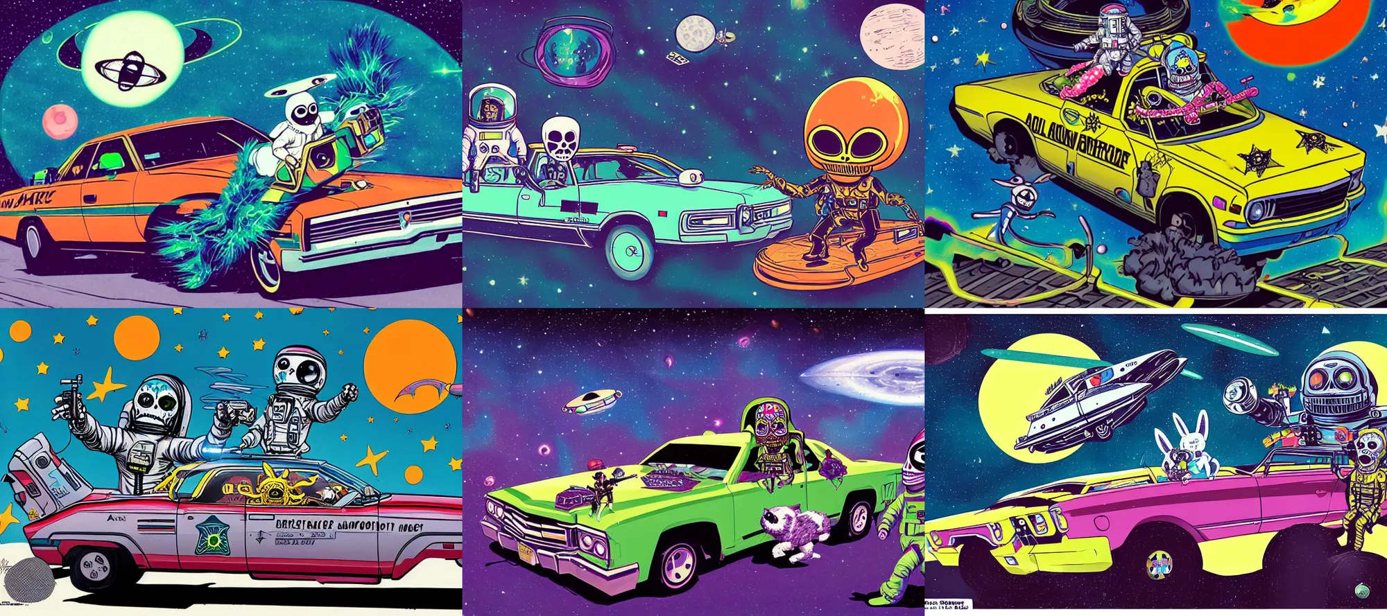 Prompt: an evil alien astronaut dress as a border patrol officer is chasing an amc marlin lowrider driven by cute fluffy dia de los muertos bunny entering a quantum wormhole, juxtapoz, heavy metal magazine, mad magazine, matte sharp painting