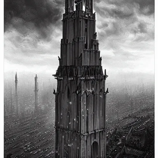 Prompt: an ultra detailed black and white tarot card of a lonely and impossibly tall ominous gothic dark tower elevated high above the city, in a river elevated high above the city, fantasy capital city, ultrawide lense, aerial photography, volumetric lighting, exquisite detail, 8 k, art by greg rutkowski and alphonse mucha