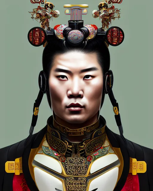 Image similar to portrait of a chinese masculine male cyberpunk machine, machine face, upper half portrait, decorated with chinese opera motifs, muscular, asian, fine china, wuxia, traditional chinese art intricate intense elegant 京 剧 highly detailed symmetry headpiece digital painting artstation concept art smooth sharp focus illustration, art by artgerm and greg rutkowski alphonse mucha 8 k