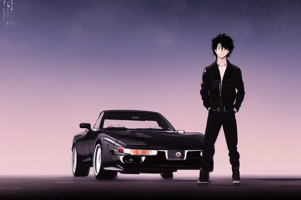 Image similar to aesthetic illustration of ryosuke takahashi with black hair, standing by his glossy white mazda rx 7 on an empty highway at dusk, cinematic lighting, initial d anime 1 0 8 0 p, detailed anime face, high detail, 9 0 s anime aesthetic, volumetric lights, rule of thirds, unreal engine 5 render, pinterest wallpaper, trending on artstation