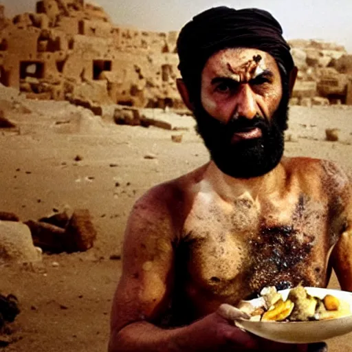 Prompt: cinematic still of angered middle eastern skinned man in ancient Canaanite clothing looking up while holding a plate of rotting fruit, mad, frustrated, jealous, Biblical epic by Christopher Nolan