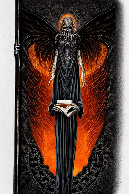 Image similar to dlsr photo illustration of envoked dark angel holding a book of necronomicon, symmetrical, cinematic, sharp focus, 4 k, ultra hd, sense of awe, sinister demonic atmosphere, dreadful, forbidden knowledge, old gods. demonology journal cover