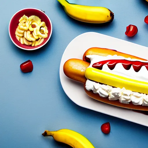 Image similar to commercial photo of a banana split with a hot dog instead of the banana, mustard, ketchup,