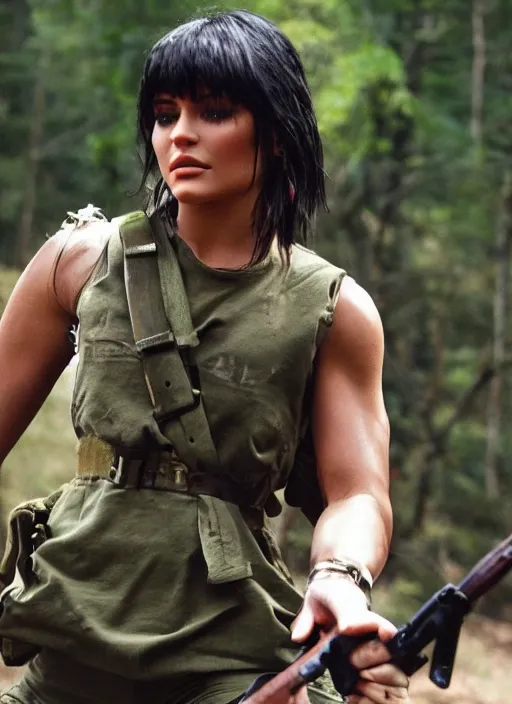 Image similar to film still of kylie Jenner as John Rambo in Rambo.