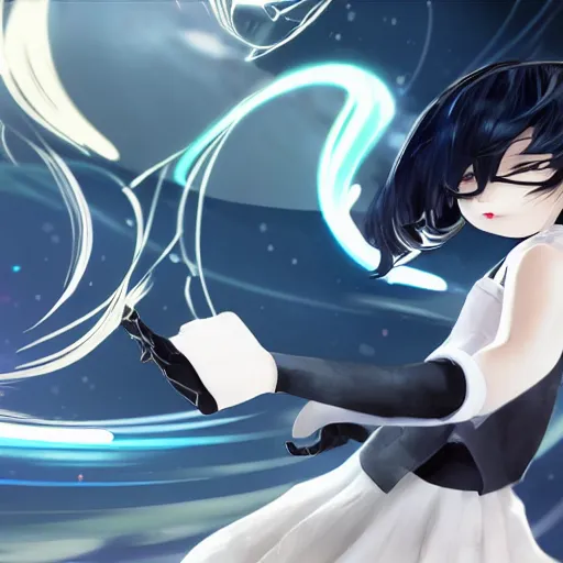 Image similar to luxury advertisement, astonishing artwork of a very beautiful dancing anime schoolgirl with black bob hair in style of cytus and deemo, full perfect face, she is dancing, set in Half-life. Realistic, highly detailed background, Pixiv, 120 degree view, drawn by Sasoura, Satchely and Akihiko Yoshida, no distortion