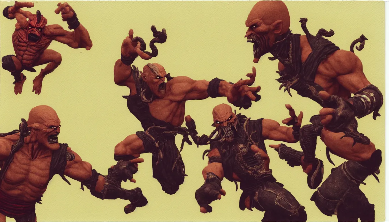 Image similar to polaroid picture of old man yelling at mortal kombat goro very detailed, 8 k