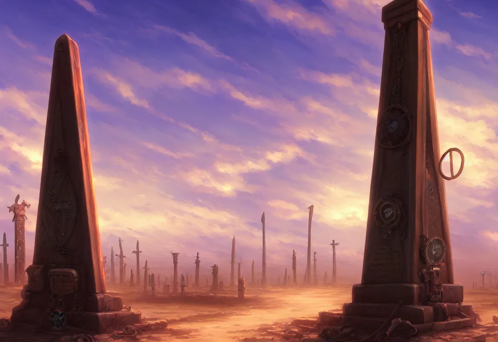 Image similar to a steampunk obelisk in a gloomy desert at dawn with gravestones in the foreground, intricate oil painting, high detail illustration, sharp high detail, manga and anime 1 9 9 9, official fanart behance hd artstation by jesper ejsing and makoto shinkai, 4 k,