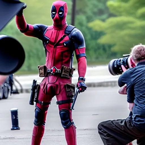 Prompt: candid photo of deadpool filming a camera man, 4 k