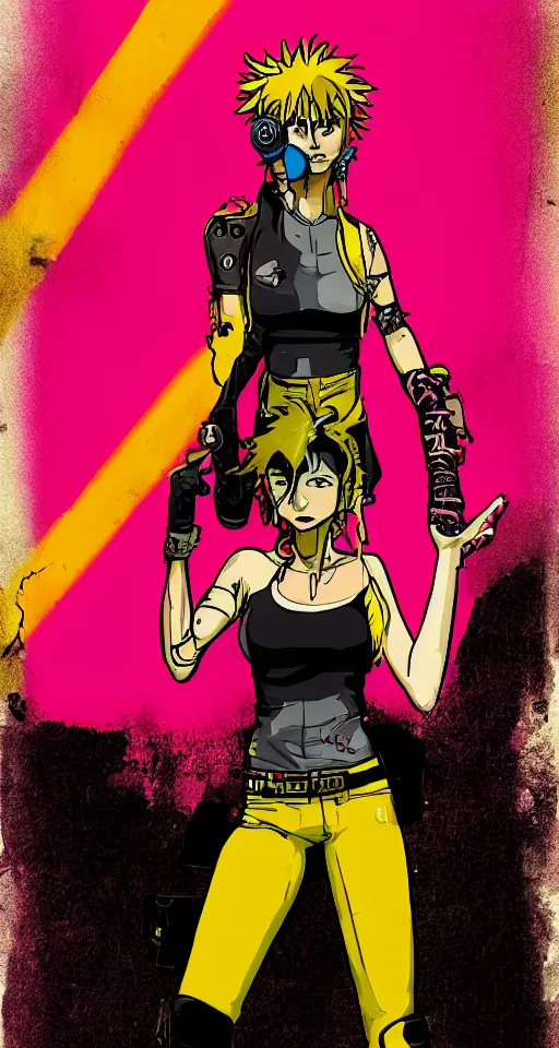 Image similar to portrait of a female gutter punk cyborg, yellow and pink, in the style of Cowboy Bebop