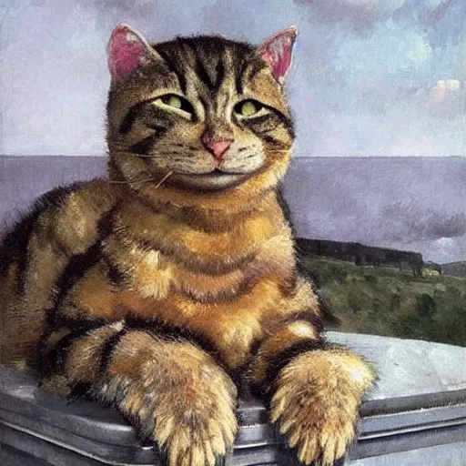 Prompt: absolutely yoked shredded physique fuzzy furry ears Portrait of Lou Ferrigno camouflaged as Tabby Cat whilst wearing a pink tuxedo Standing atop a Garbage Truck Greg Rutkowski Eric Ravilious Paul Cezanne Andrew Wyeth Jamie Wyeth