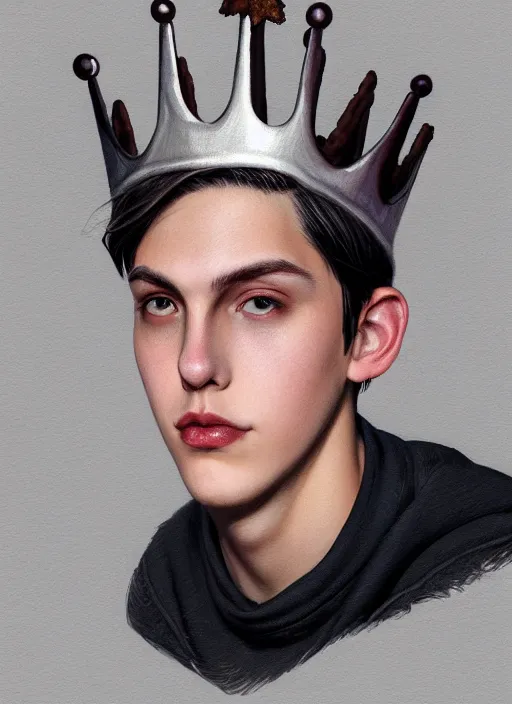 Image similar to portrait of teenage jughead jones wearing a light grey crown, crown, hamburger background, eyes closed, crown, black hair, intricate, elegant, glowing lights, warm lighting, highly detailed, digital painting, artstation, concept art, smooth, sharp focus, illustration, art by wlop, mars ravelo and greg rutkowski
