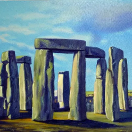 Prompt: Stonehenge in foreground, futuristic city in background, oil painting
