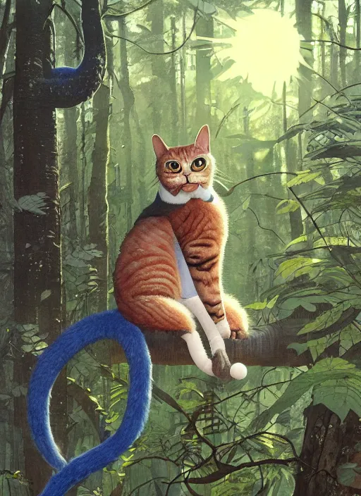 Image similar to a hyper realistic ink cat alien technology and sunbeams blue sky, lush forest foliage painting by chiara bautista and norman rockwell and greg rutkowski weta studio, and lucasfilm